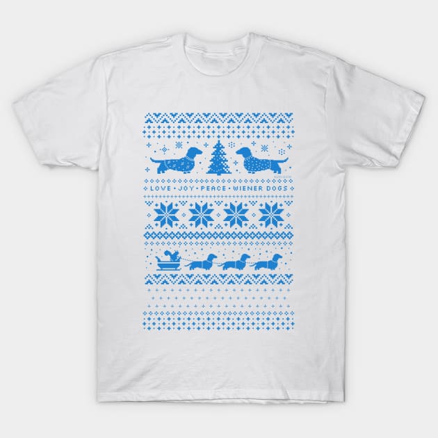 Love Joy Peace Wiener Dogs | Christmas Dachshunds Humorous T-Shirt by Coffee Squirrel